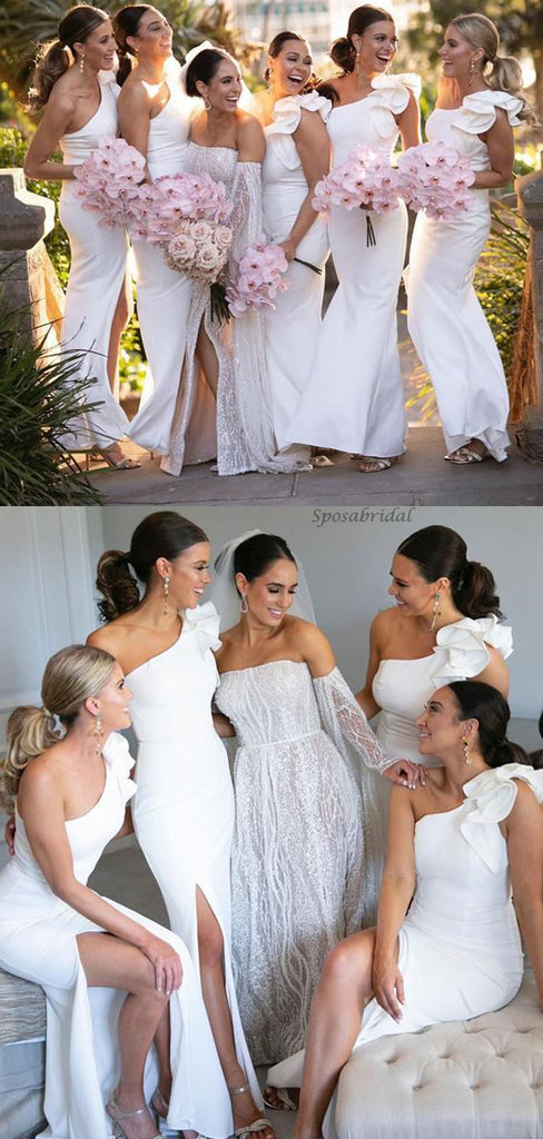 Elegant White One-shoulder Ruffle Side-slit Mermaid Long Bridesmaid Dress, BD3158