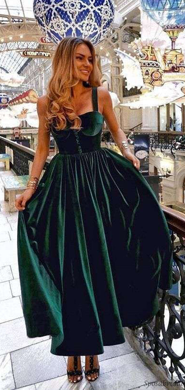 Emerald Green Spaghetti Strap Sweetheart A-line Mid-length Prom Dress, SposaBridal Emerald Green Spaghetti Strap Sweetheart A-line Mid-length Prom Dress, SposaBridal