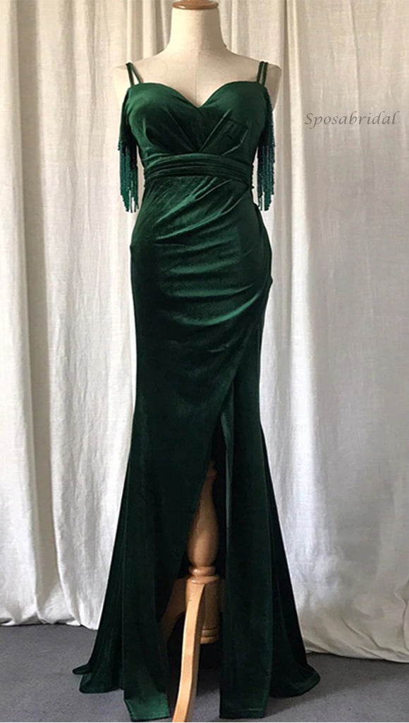 Emerald Green Spaghetti Straps Sweetheart Tasssels Mermaid Side-slit Long Bridesmaid Prom Dress, PD3338