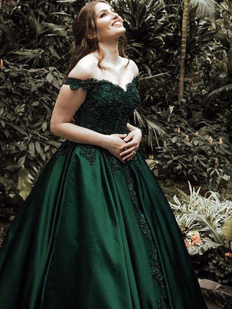 Emerald Off-shoulder Lace Top Elegant A-line Long Prom Dress, PD3371
