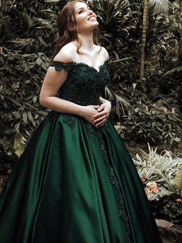 Emerald Off-shoulder Lace Top Elegant A-line Long Prom Dress, PD3371 SposaBridal Emerald Off-shoulder Lace Top Elegant A-line Long Prom Dress, PD3371 SposaBridal