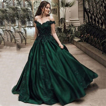 Emerald Off-shoulder Lace Top Elegant A-line Long Prom Dress, PD3371