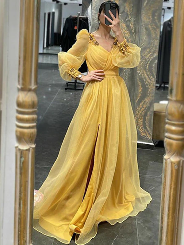 Yellow Long Sleeves Luxury Appliques A-line Side-slit Organza Long Pro SposaBridal Yellow Long Sleeves Luxury Appliques A-line Side-slit Organza Long Pro SposaBridal