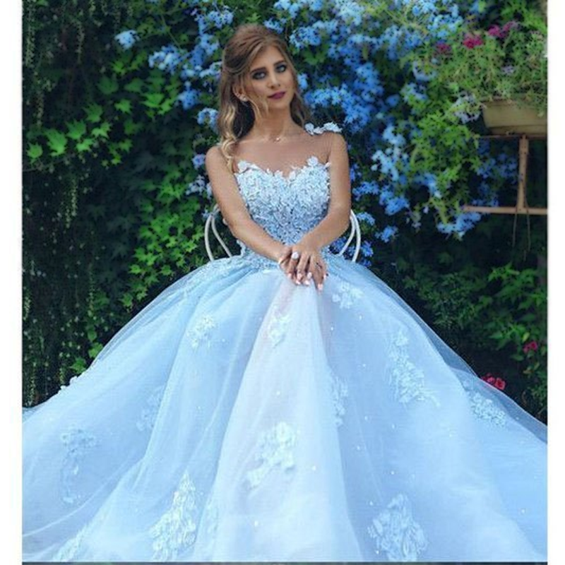 Elegant Ice Blue Fairytale Floral A-line Long Tulle Prom Party Dress, PD3095
