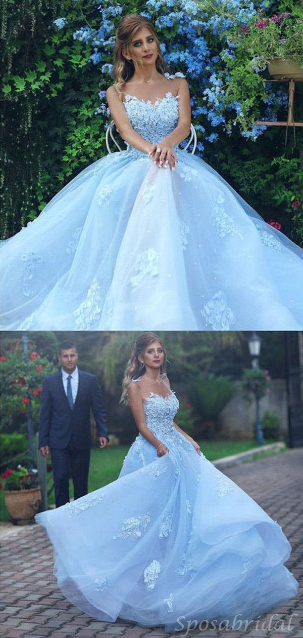 Elegant Ice Blue Fairytale Floral A-line Long Tulle Prom Party Dress, SposaBridal Elegant Ice Blue Fairytale Floral A-line Long Tulle Prom Party Dress, SposaBridal
