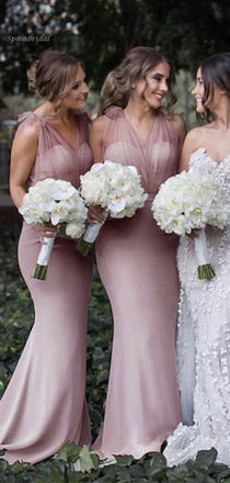 Formal Dusty Pink V-neck Tulle Strapes Mermaid Long Bridesmaid Dress, BD3230