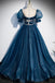Formal Sparkly Navy And Burgundy Short Sleeves A-line Princess Long Prom Dress, PD3388