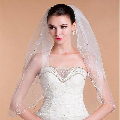 Shinning Tulle Double Layer Short Wedding Veil With Beading ,WV0124 –  SposaBridal