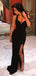Sexy Black Halter V-neck Mermaid Side-slit Cheap Long Prom Dresses, PD0535
