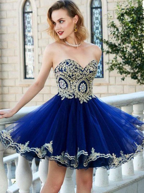 Sweetheart Gold Lace Beaded Blue Short Cheap Homecoming Dresses Online SposaBridal Sweetheart Gold Lace Beaded Blue Short Cheap Homecoming Dresses Online SposaBridal