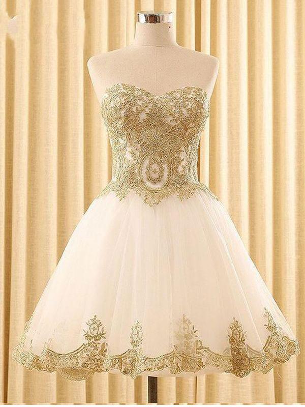 Sweetheart Gold Lace White Tulle Short Cheap Homecoming Dresses Online, CM578