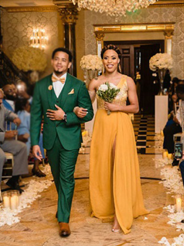 Gold Mismatched Sparkling Top Side-slit A-line Long Bridesmaid Dresses SposaBridal Gold Mismatched Sparkling Top Side-slit A-line Long Bridesmaid Dresses SposaBridal