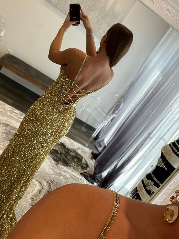 Gold Sexy Sequin Spaghetti Straps Side-slit Mermaid Long Prom Dresses, SposaBridal Gold Sexy Sequin Spaghetti Straps Side-slit Mermaid Long Prom Dresses, SposaBridal
