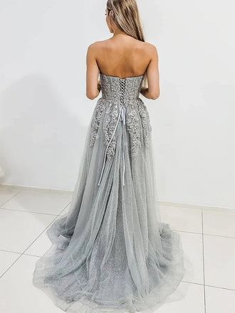 Gray Strapless Sexy Sweetheart Lace Side-slit A-line Long Prom Dress, PD3479