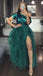 Green Sparkly Top One-shoulder Side-slit Tulle Long Prom Dress, PD3350