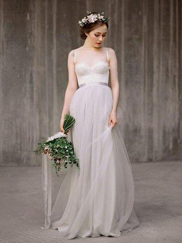 Simple Illusion Spahgetti Straps Tulle A-line Wedding Dresses Online, SposaBridal Simple Illusion Spahgetti Straps Tulle A-line Wedding Dresses Online, SposaBridal