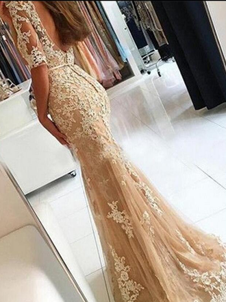 Half-sleeve Lace Appliques Mermaid Sexy Long Prom Dress, PD3083