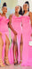 Hot Pink One-shoulder Side-slit Mermaid Long Bridesmaid Dresses, BD3176