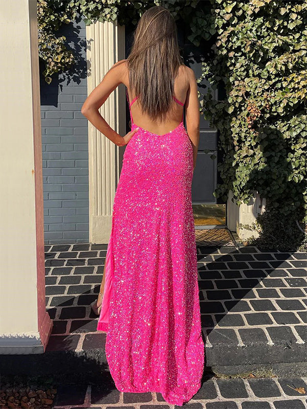 Hot Pink Sexy Halter Open Back Side-slit Mermaid Long Prom Dress, PD35 SposaBridal Hot Pink Sexy Halter Open Back Side-slit Mermaid Long Prom Dress, PD35 SposaBridal