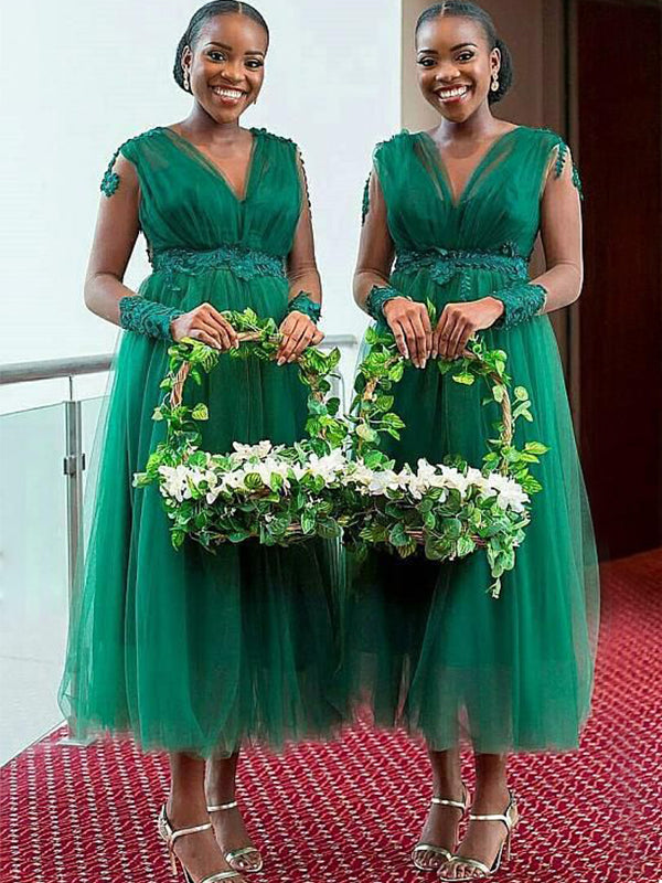 Hunter Green Lace Sleeves V-neck A-line Tulle Tea-length Bridesmaid Dr SposaBridal Hunter Green Lace Sleeves V-neck A-line Tulle Tea-length Bridesmaid Dr SposaBridal