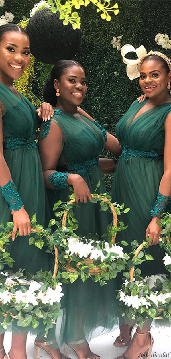 Hunter Green Lace Sleeves V-neck A-line Tulle Tea-length Bridesmaid Dr SposaBridal Hunter Green Lace Sleeves V-neck A-line Tulle Tea-length Bridesmaid Dr SposaBridal