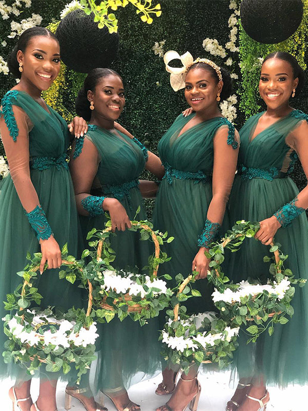 Hunter Green Lace Sleeves V-neck A-line Tulle Tea-length Bridesmaid Dr SposaBridal Hunter Green Lace Sleeves V-neck A-line Tulle Tea-length Bridesmaid Dr SposaBridal