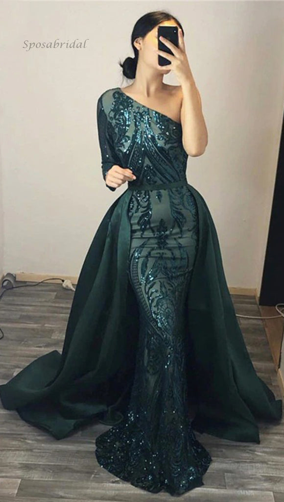 Dark Green One-shoulder Sparkly Lace Mermaid Long Detachable Prom Dress, PD3337