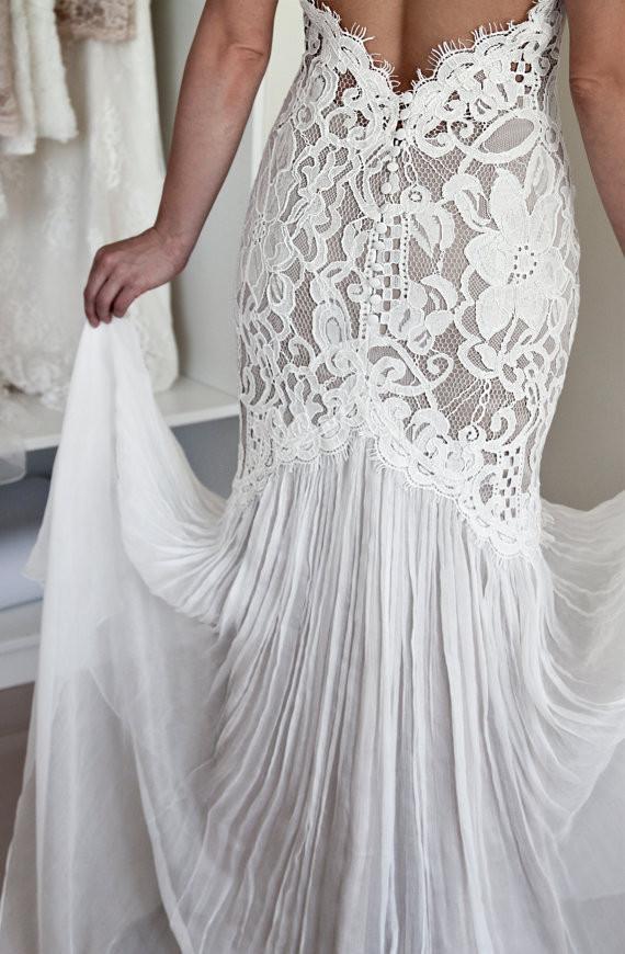 Mermaid Lace Unique Design Elegant Flowy Keyhole Back Wedding Dresses, SposaBridal Mermaid Lace Unique Design Elegant Flowy Keyhole Back Wedding Dresses, SposaBridal