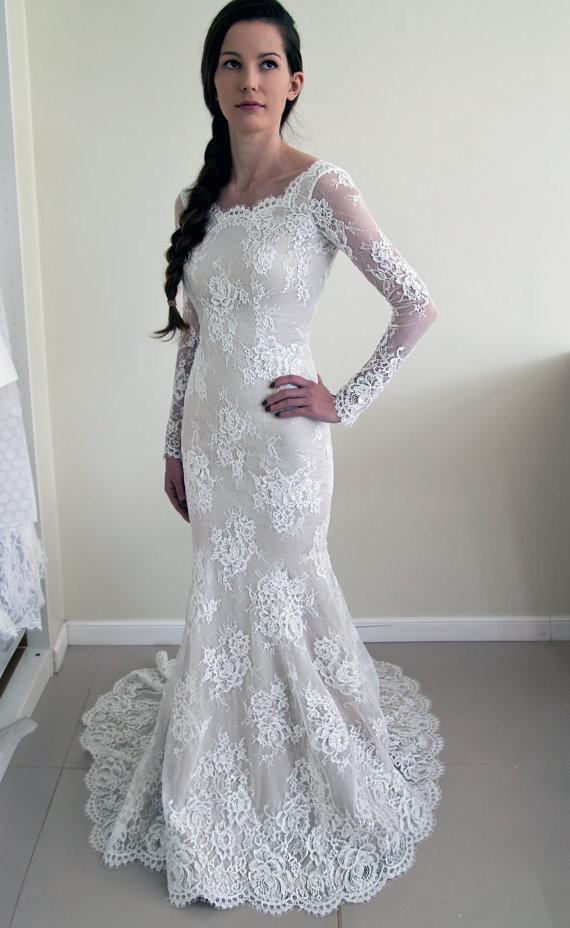 Long Sleeves Lace V-Back Elegant New Design Mermaid With Train Wedding Dresses,  WD0231