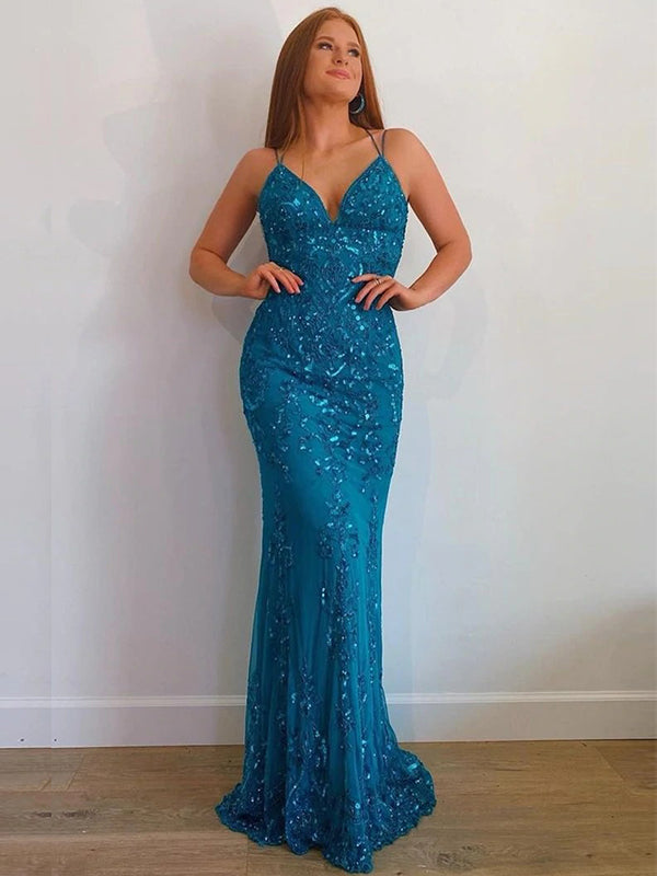 Teal Lace Spaghetti Straps V-neck Mermaid Long Prom Dress, PD3555