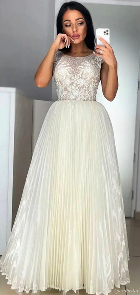 Ivory Lace Top Short Sleeves Open Back A-line Organza Pleats Long Prom Dress, PD3292