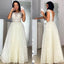 Ivory Lace Top Short Sleeves Open Back A-line Organza Pleats Long Prom Dress, PD3292