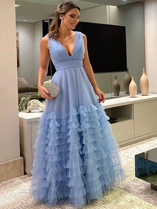 Sexy Blue Sleeveless Ruffle V-neck A-line Tulle Long Prom Dress, PD3059