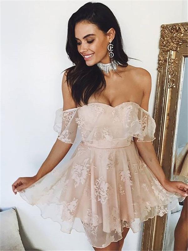 Cute Lace Pink Off-shoulder Sweetheart A-line Short Homecoming Dress, SposaBridal Cute Lace Pink Off-shoulder Sweetheart A-line Short Homecoming Dress, SposaBridal