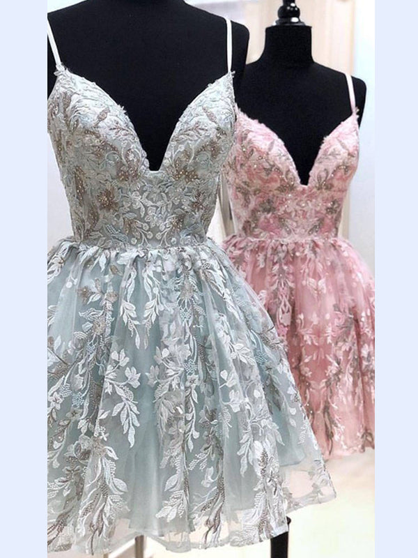 Lace Spaghetti Strap Pink Blue V-neck A-line Short Homecoming Dress, H SposaBridal Lace Spaghetti Strap Pink Blue V-neck A-line Short Homecoming Dress, H SposaBridal