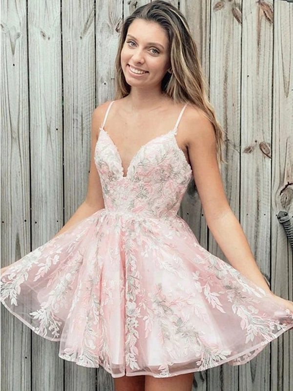 Lace Spaghetti Strap Pink Blue V-neck A-line Short Homecoming Dress, H SposaBridal Lace Spaghetti Strap Pink Blue V-neck A-line Short Homecoming Dress, H SposaBridal