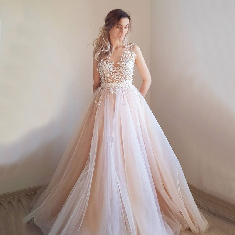 Strapless Lace Top Elegant Formal Blush Pink A-line Tulle Long Prom Dress, PD3399