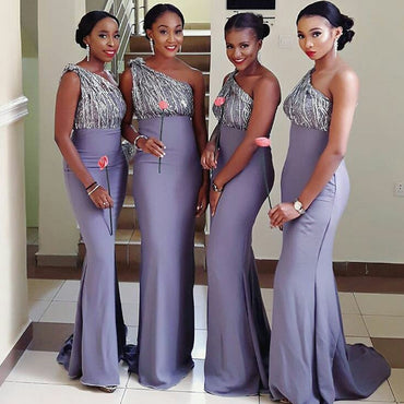 Lavender Dusty Violet One-shoulder Sparkling Top Mermaid Long Bridesmaid Dress, BD3195