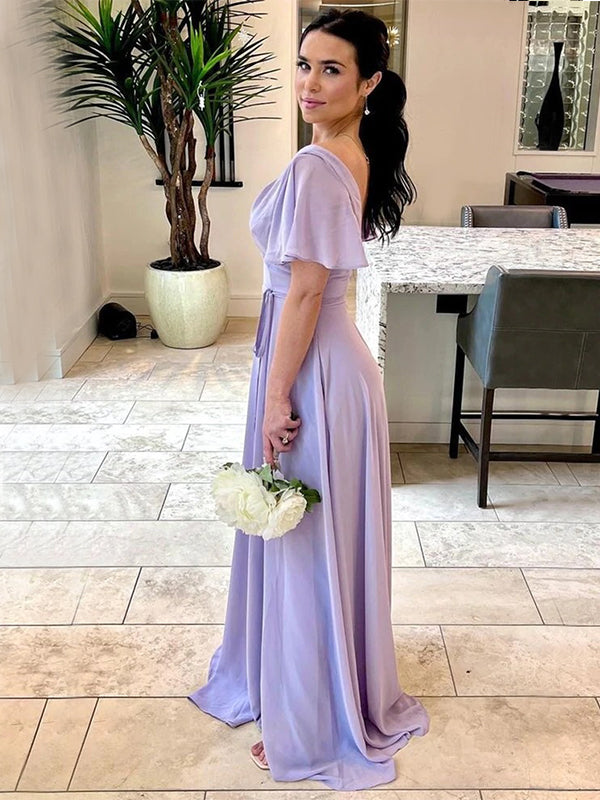 Lavender Chiffon Sweetheart Off-shoulder Cold Sleeves Side-slit A-line SposaBridal Lavender Chiffon Sweetheart Off-shoulder Cold Sleeves Side-slit A-line SposaBridal