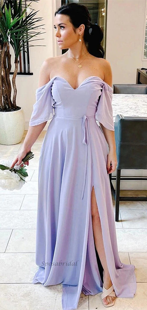 Lavender Chiffon Sweetheart Off-shoulder Cold Sleeves Side-slit A-line Long Bridesmaid Dresses, BD3283