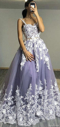 Lavender Spaghetti Strap Floral Lace A-line Long Prom Dress, PD3190