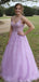 Lavender Spaghetti Straps V-neck A-line Lace Top Long Prom Dress, PD3252