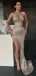 Light Champagne Halter Sexy Side-slit Custom Sequin Mermaid Long Prom Dress, PD3549