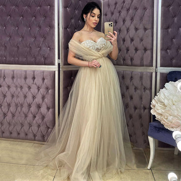 Light Champagne Off-shoulder Elegant Sweetheart A-line Long Prom Dress Gown, PD3333