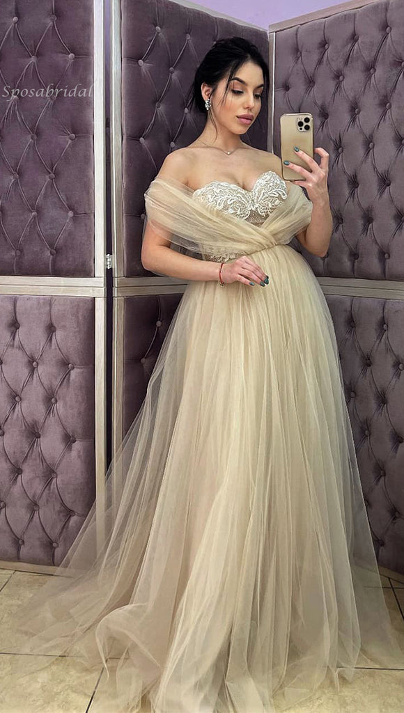 Light Champagne Off-shoulder Elegant Sweetheart A-line Long Prom Dress Gown, PD3333