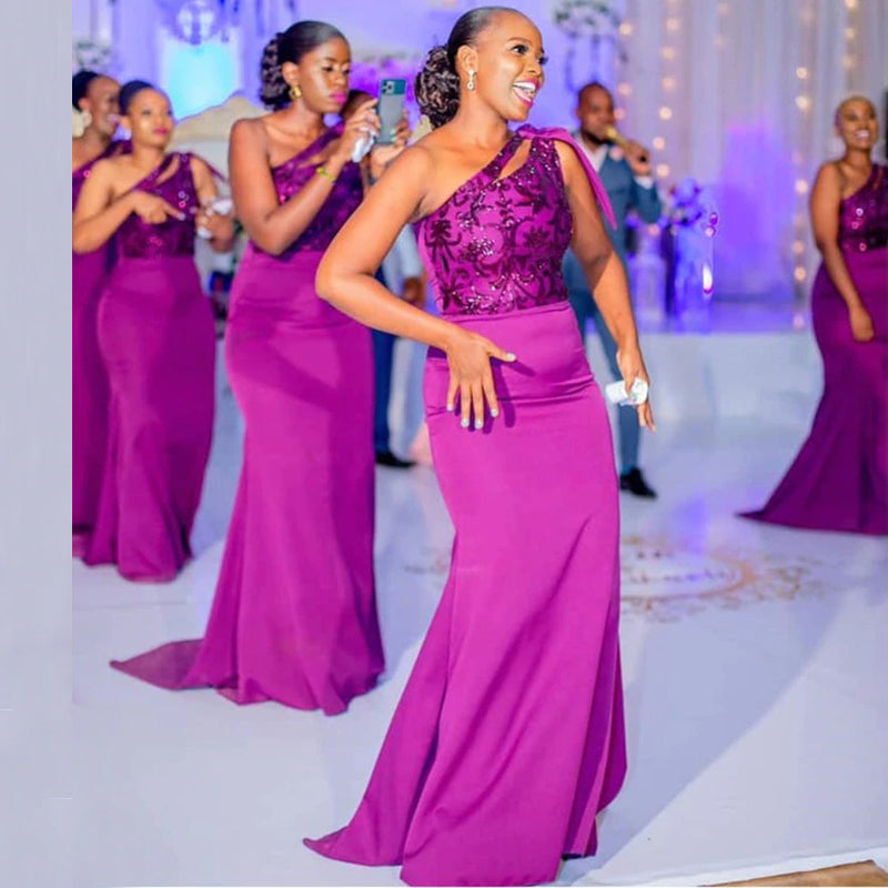 Light Purple One-shoulder Sequin Lace Top Mermaid Long Bridesmaid Dress, BD3219