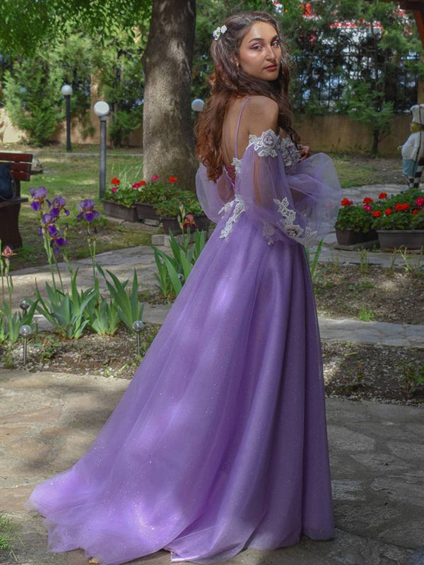 Lilac Floral Corset Top Off-shoulder Long Sleeves Side-slit A-line Lon SposaBridal Lilac Floral Corset Top Off-shoulder Long Sleeves Side-slit A-line Lon SposaBridal