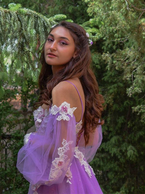 Lilac Floral Corset Top Off-shoulder Long Sleeves Side-slit A-line Lon SposaBridal Lilac Floral Corset Top Off-shoulder Long Sleeves Side-slit A-line Lon SposaBridal