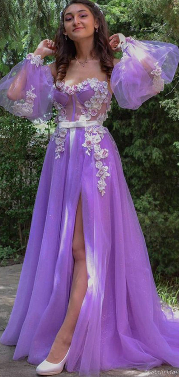 Lilac Floral Corset Top Off-shoulder Long Sleeves Side-slit A-line Lon SposaBridal Lilac Floral Corset Top Off-shoulder Long Sleeves Side-slit A-line Lon SposaBridal
