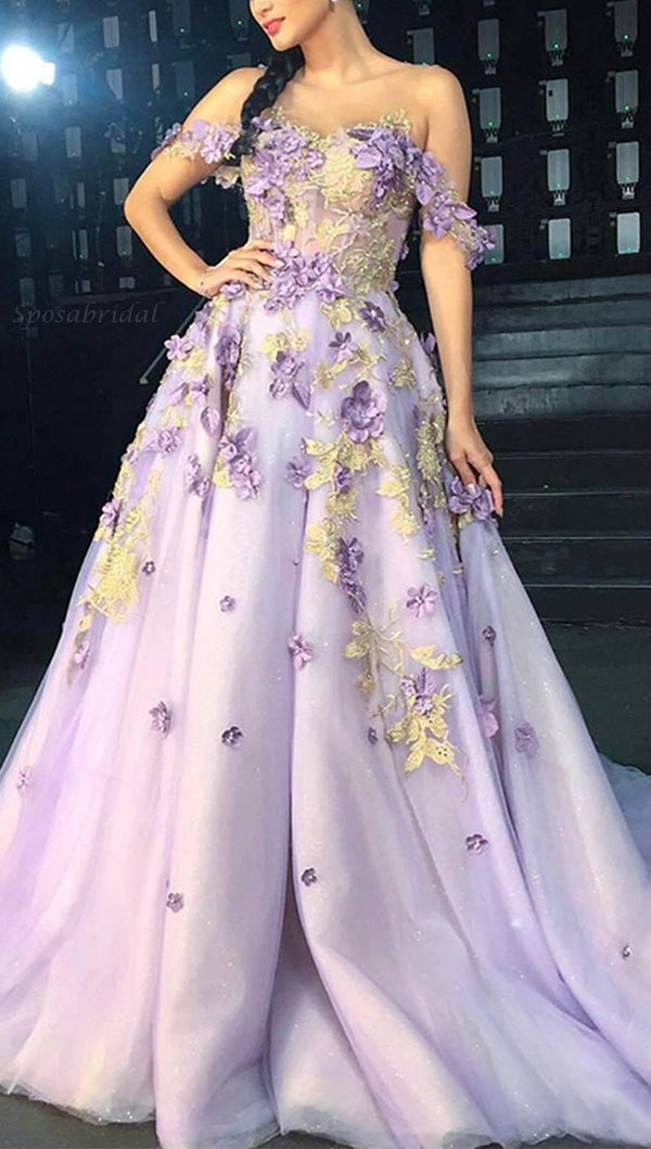 Lilac Off-shoulder Floral Dream A-line Long With Glitters Prom Dress, SposaBridal Lilac Off-shoulder Floral Dream A-line Long With Glitters Prom Dress, SposaBridal